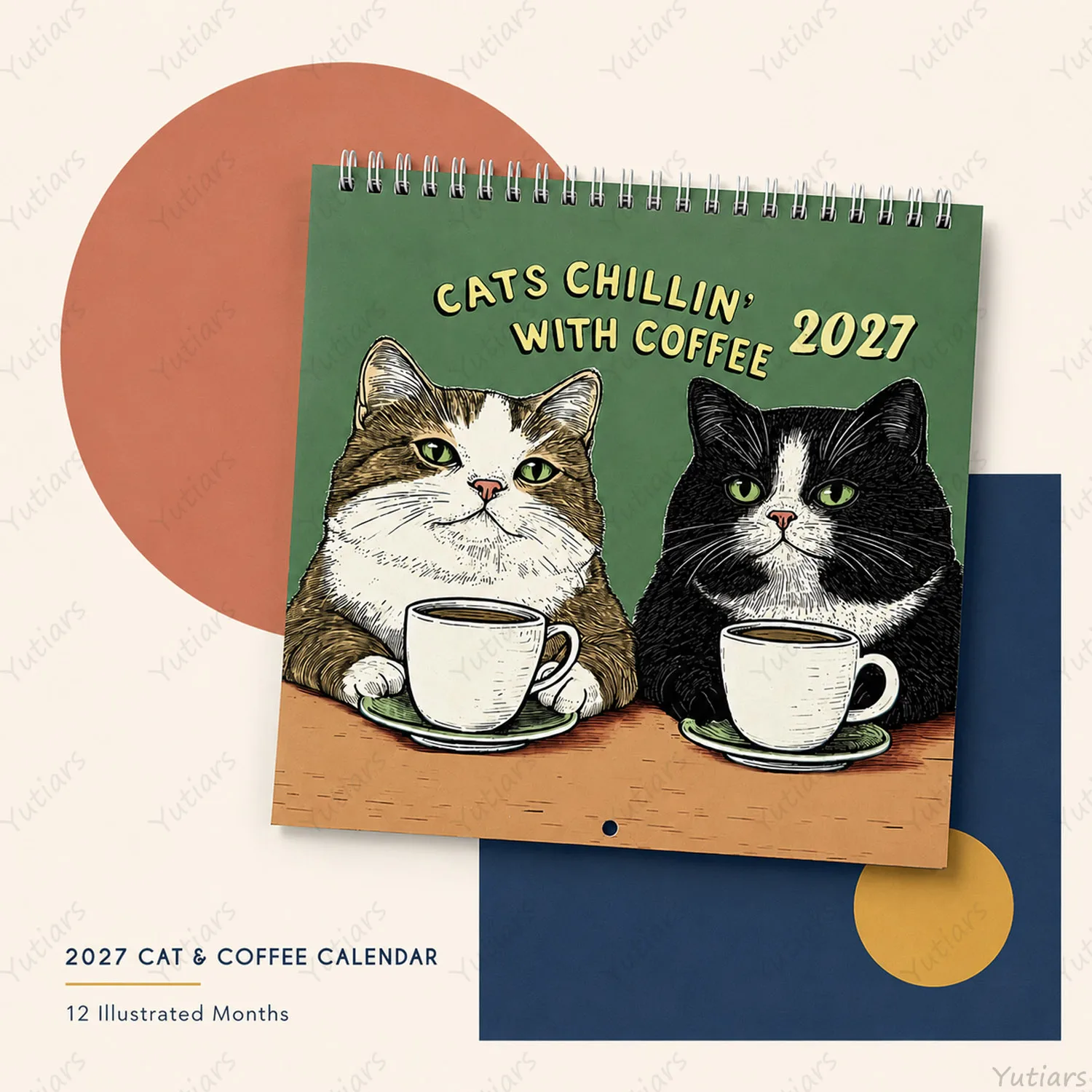 2027 Cat Lovers Wall Calendar, Cats Chillin With Coffee, 12-Month Illustrated Planner, Large Writing Blocks, Home Office Gift