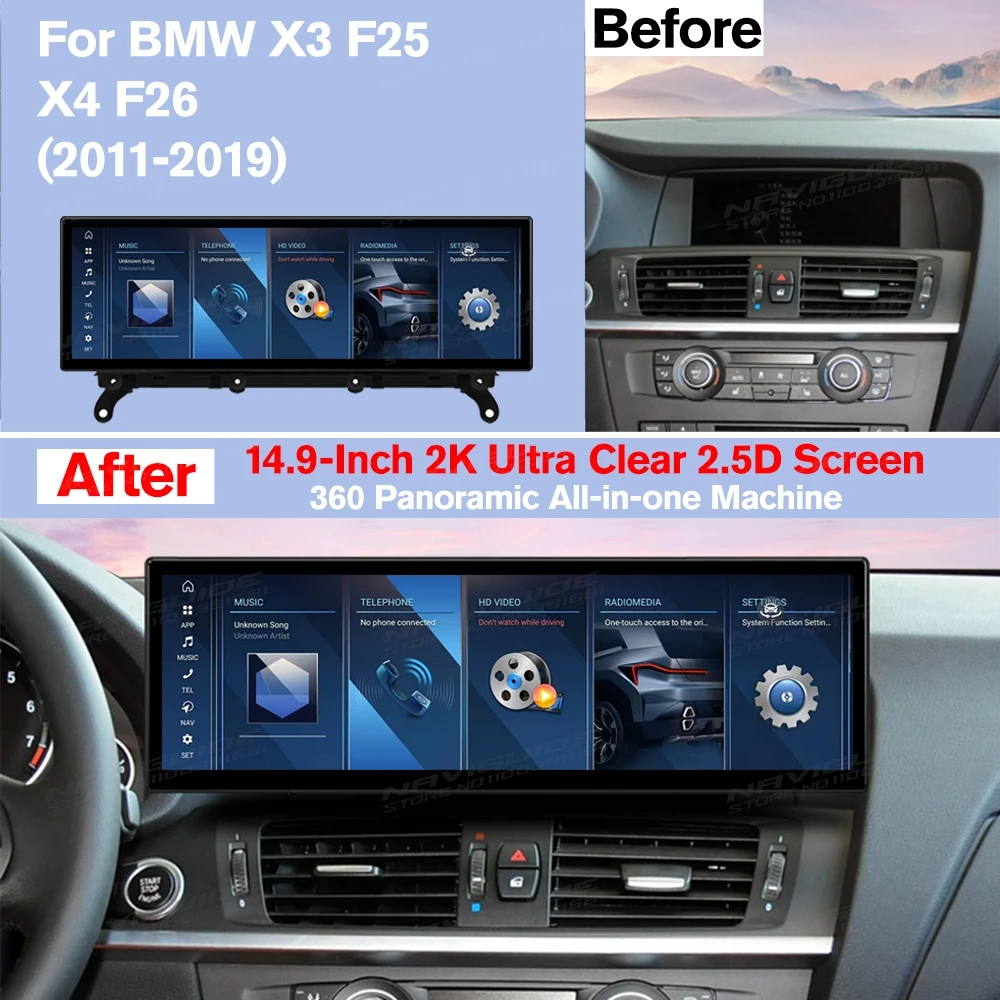 NAVIGUIDE 14.9 ''Android 13 Autoradio Voor BMW X3 F25 X4 F26 2011-2019 NBT Systeem multimedia Speler Draadloze Carplay Android Auto