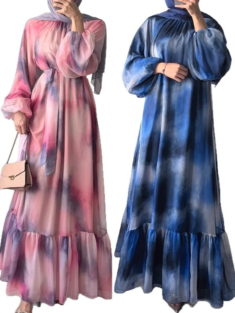 

Eid Women Dress Tie Dye Print Chiffon Party Jalabiya Ramadan Long Dresses Vestidos Largos Kaftan Arab Robe Kaftan Muslim Abaya