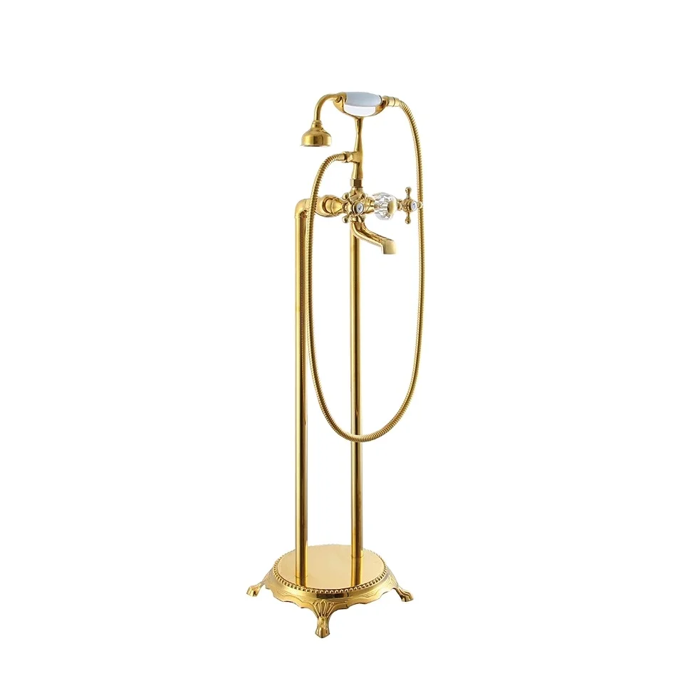Contemporary Polished Brass Thermostatic Freestanding Bathtub Faucet Floor Mounted Shower Mixer Stand Rain Pause Ceramic Valve