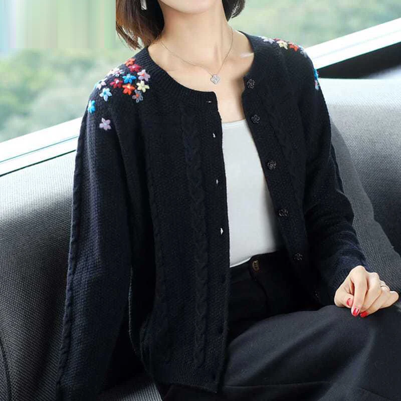 Women Korean Fashion Retro Twist Embroidery Single Breasted Knitted Cardigan Autumn Winter Casual Long Sleeve Loose Sweater Coat