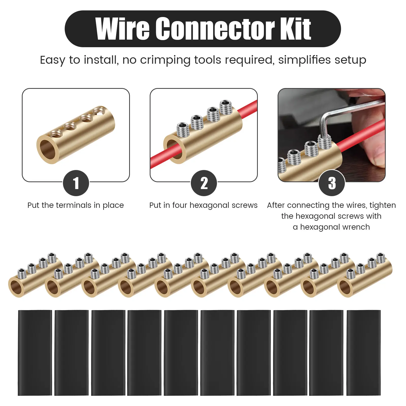 10Pcs Brass Terminal Block with Heat Shrink Tubing 1 In 1 Out High Power Splitter Quick Wire Connector Cable Stop Bolt Pin