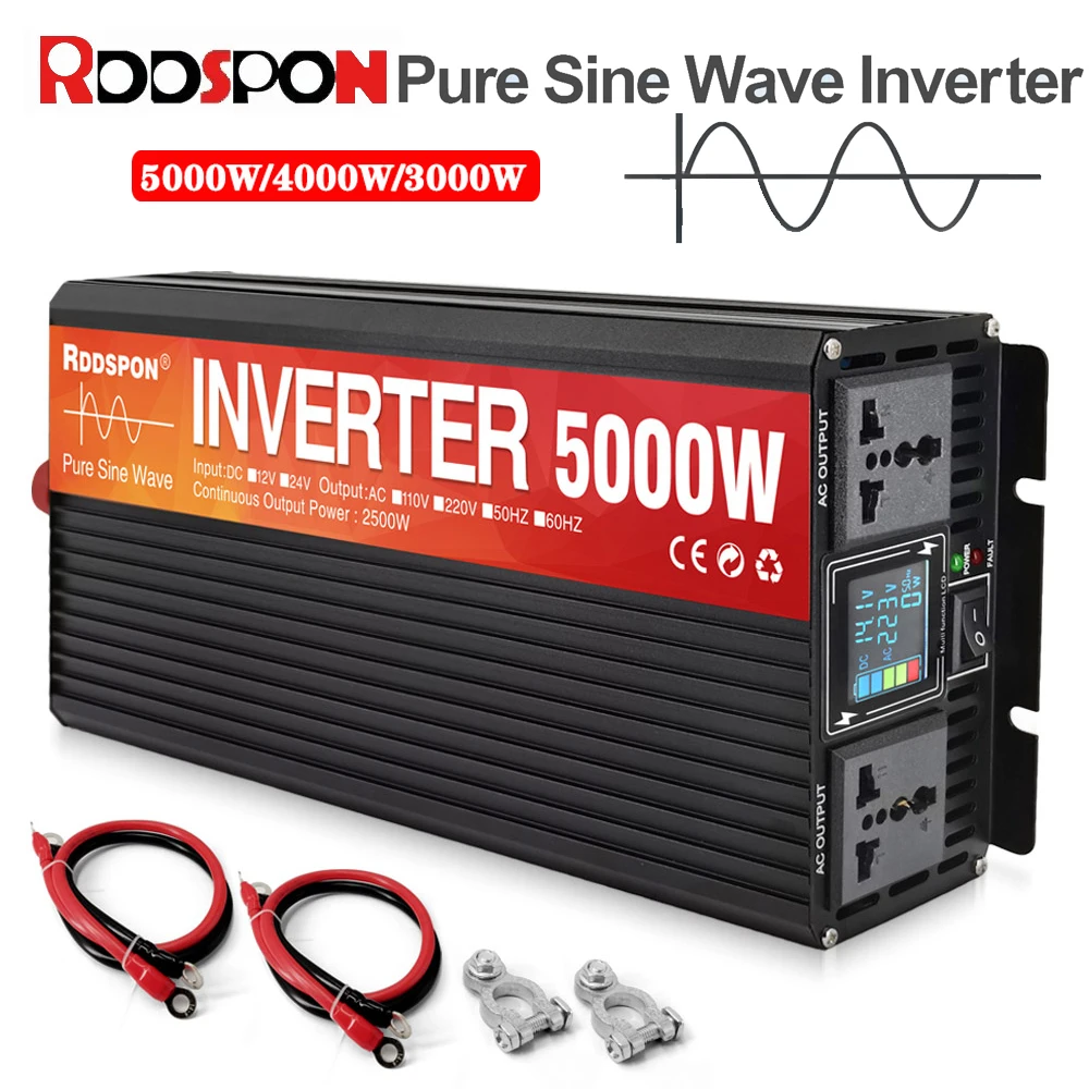 Pure Sine Wave Inverter 12/24V 220V 50/60HZ Solar Car Inverter Portable Power Banks Converter DC To AC With LED Screen 2 Sockets