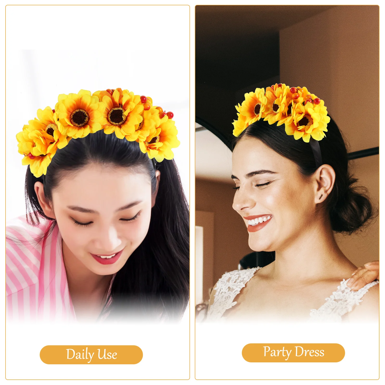 

2PCS YellowDouble SidedWomen Flower Hair Hoop Wedding Party Cosplay Photo Decorative Headband Simulation Flower Girl Headdress
