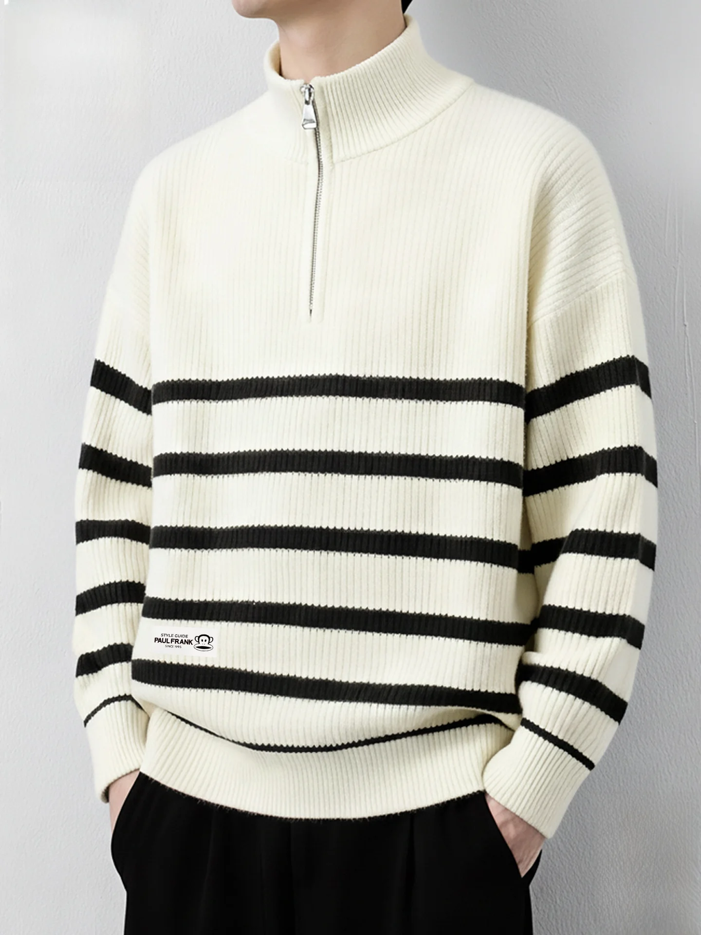 

Monkey f Zipper Striped Knit Sweater Men's Winter Base Layer Trendy Brand Soft Comfortable Casual Long Sve