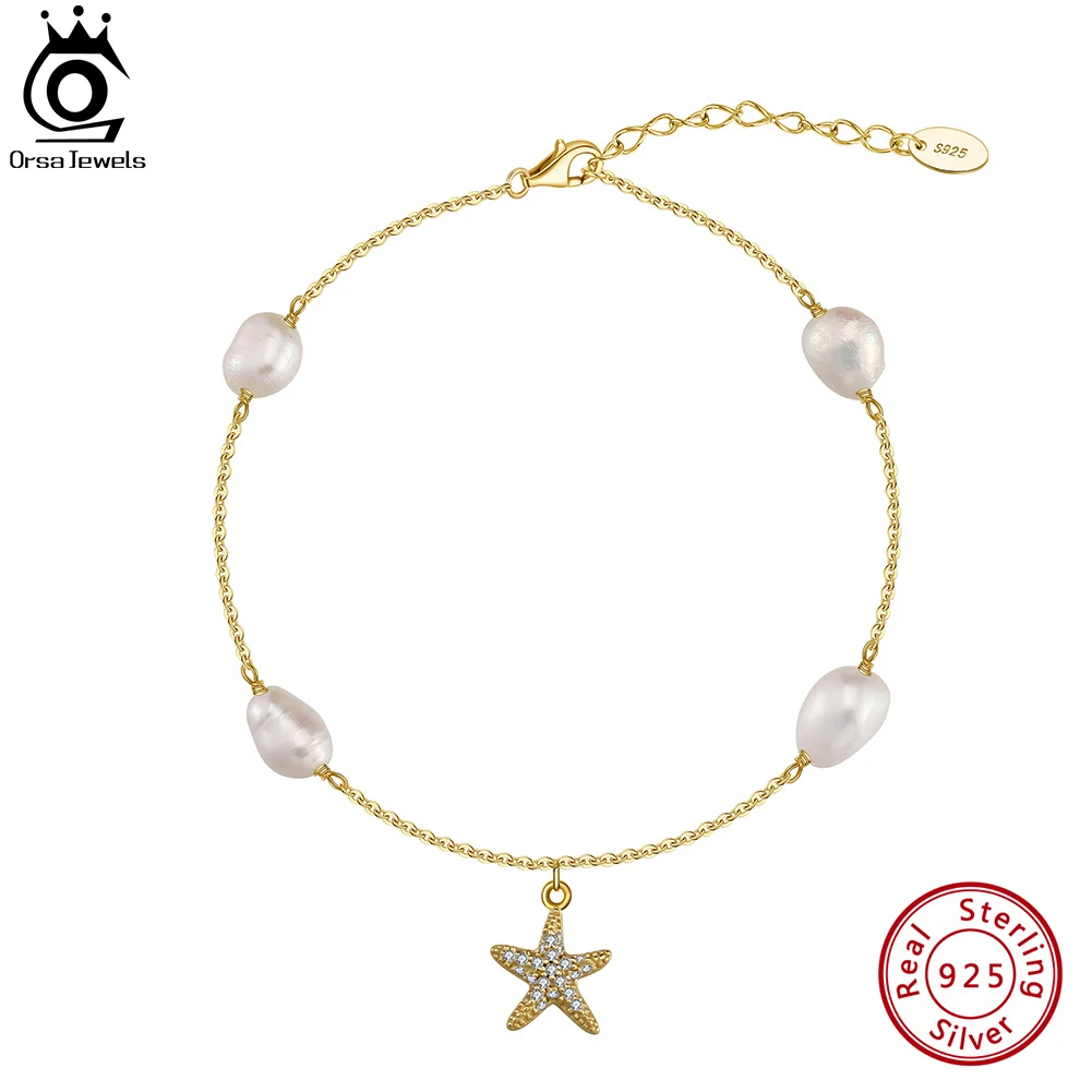 

ORSA JEWELS 14K Gold 925 Sterling Silver Natural Pearls Chain Anklets for Women with Cute Starfish Ankle Straps Jewelry SA74