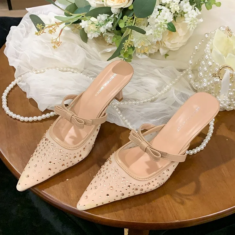 

French Pointed Toe Sandals Fashion Elegant Rhinestone Bow Tie Wrap Slippers Women