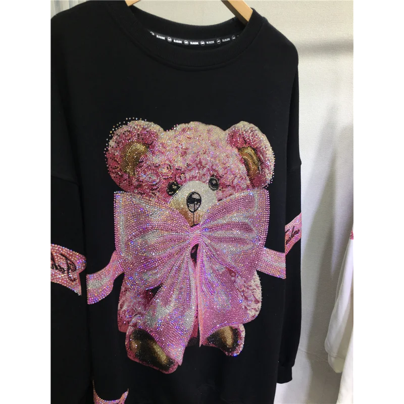 Plus Size Sweatshirt Kawaii Bear Bow Tie Diamonds Stamping Sweet Cute Casual All-match Women\'s Sweatshirt Autumn Winter New Tops