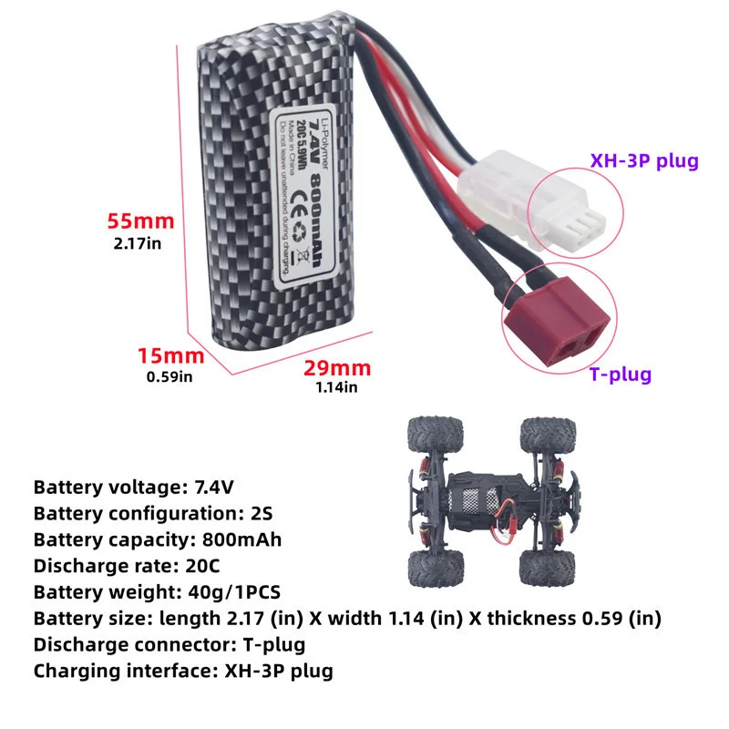 RC Boat Battery 7.4V 800mAh Lithium Battery For YC100 HM161 HM162 HM166 HM201 9145 RC 4WD High-Speed Off-Road Car 7.4V Battery