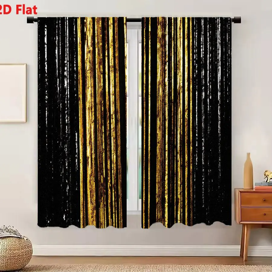 2Pcs Curtains Add 2D Flat Vertical Black And Gold Distressed Stripes Pattern Grunge Texture Window Drapes for Bedroom Room Decor