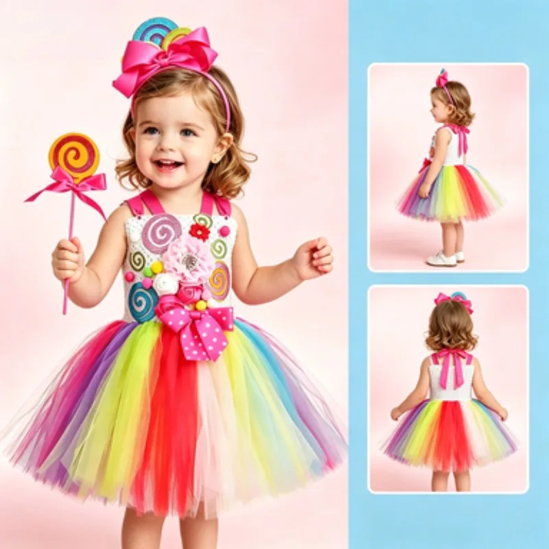 

Girls Floral Lollipop Tulle Dress,Candy Style Puffy Skirt for Children's Day, Kids Outfit for Birthday, Festivals and Daily Wear