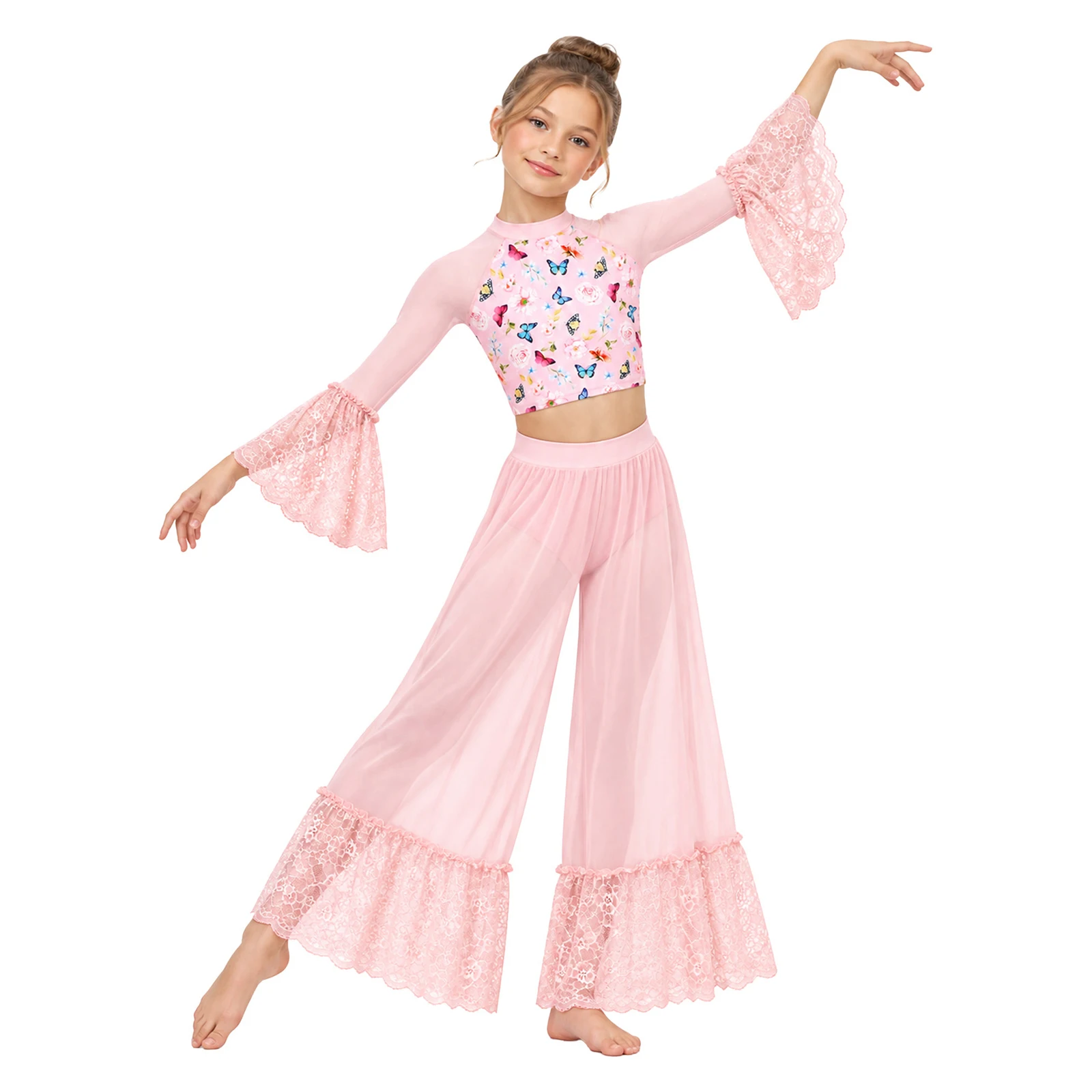 Girls Modern Lyrical Dance Ballet Skating Gymnastics Performance Costume Flared Sleeve Printed Crop Top with Wide-leg Mesh Pants