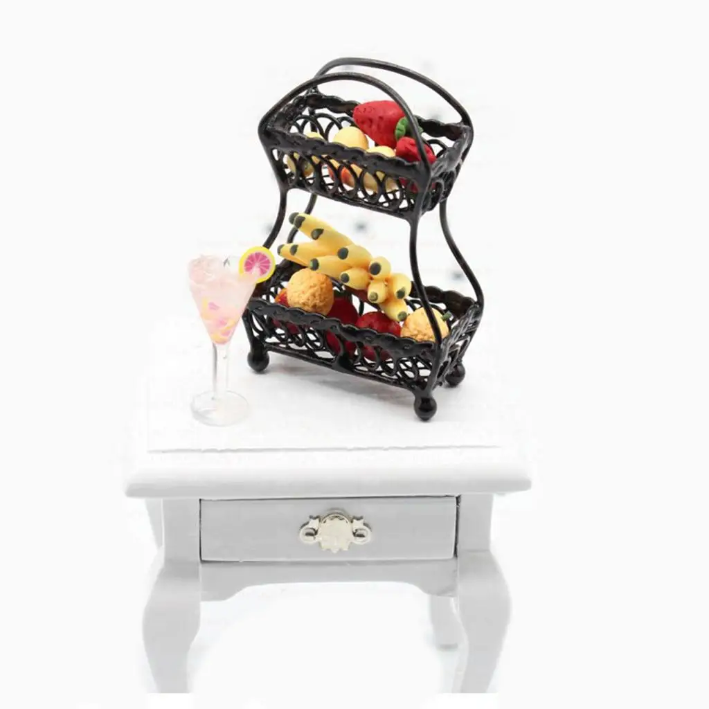 Cesta de almacenamiento de frutas en miniatura de 2 niveles, Kit de soporte de cocina para casa de muñecas, color negro