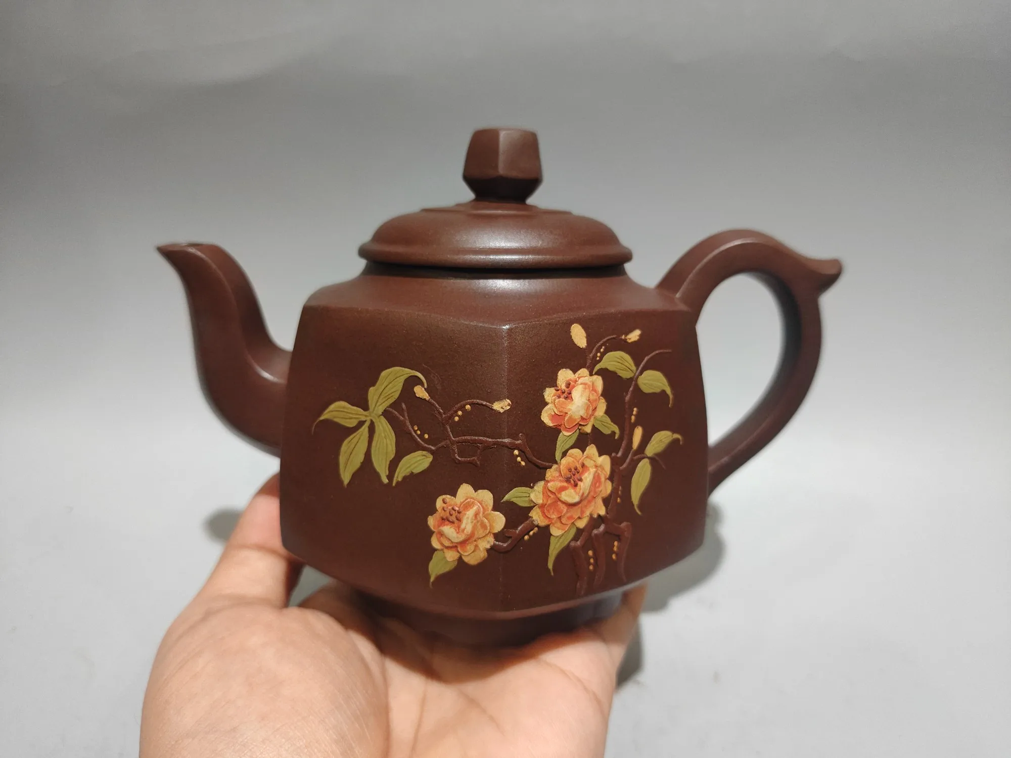 Yixing Teapot Purple Clay Mud painting Flower and leaf pattern Engraved teapot Six sided pot Teapot Kettle Tasting tea ceremony
