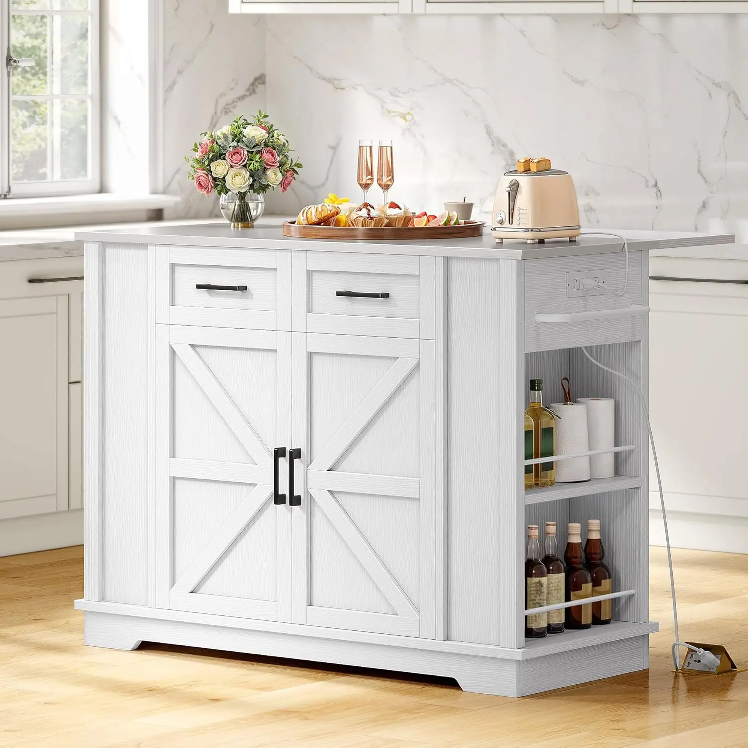 

47" Portable Kitchen Island with Stainless Steel Top, Drop Leaf Bar Seating, Power Outlet, Storage Drawer & Wheels in White