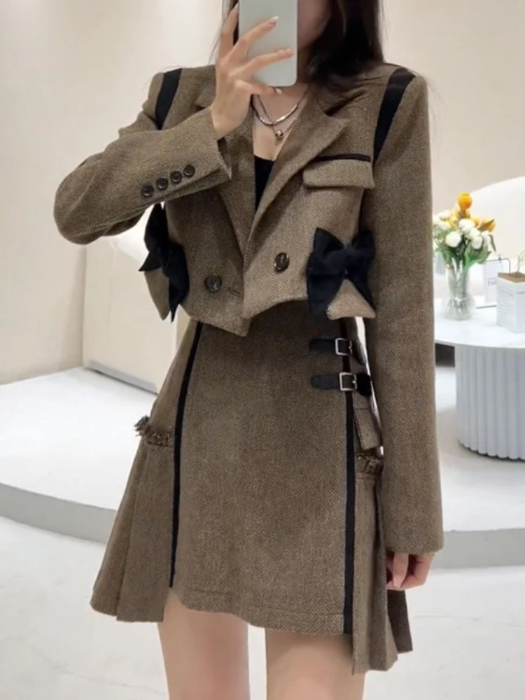 

Preppy Style Elegant 2 Piece Set Women Patchwork Fashion Casual Blazer Skirt Suit Female Irregular Mini Skirt + Bow Short Coat