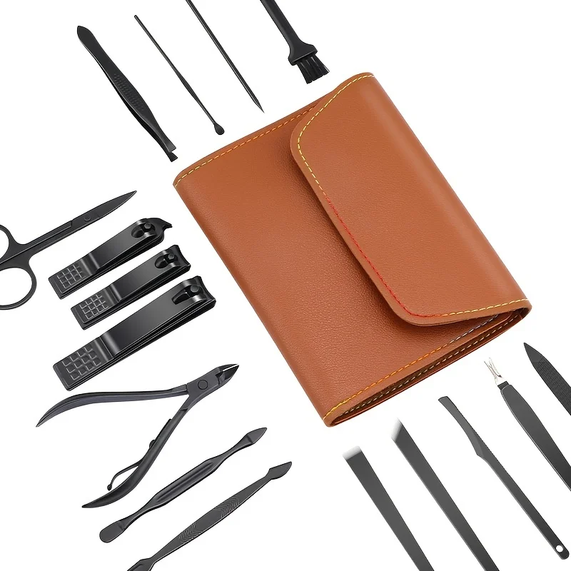 เครื่องตัดเล็บสีน้ําตาล 16 ชิ้นชุดกรรไกรตัดเล็บสแตนเลสพร้อมกระเป๋าพับเครื่องตัดเล็บชุดกรรไกรแต่งหน้าเครื่องมือความงาม