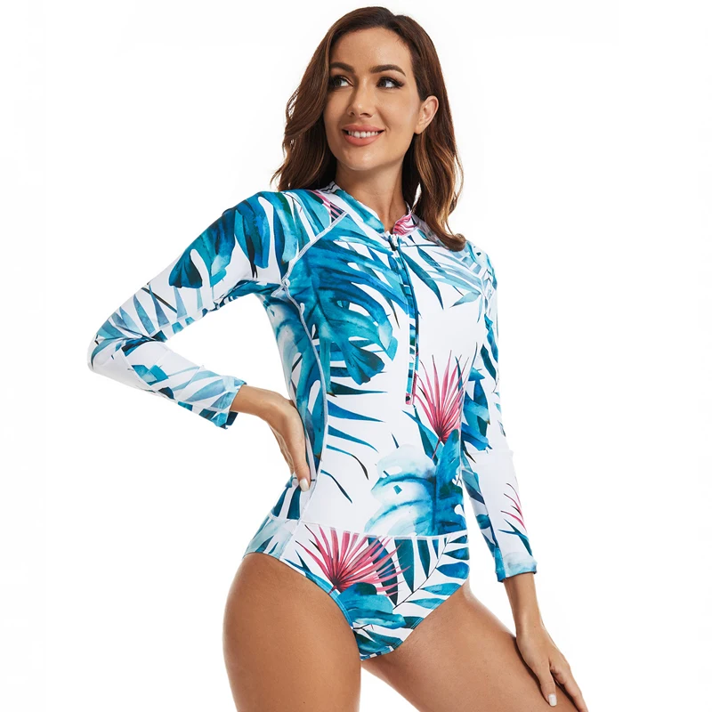 Surfing One Piece Swimsuit Print Long Sleeve Zipper Front Women Swimwear Bathing Suit Rash Guard Surfing Swimming Suit 2022 XXL