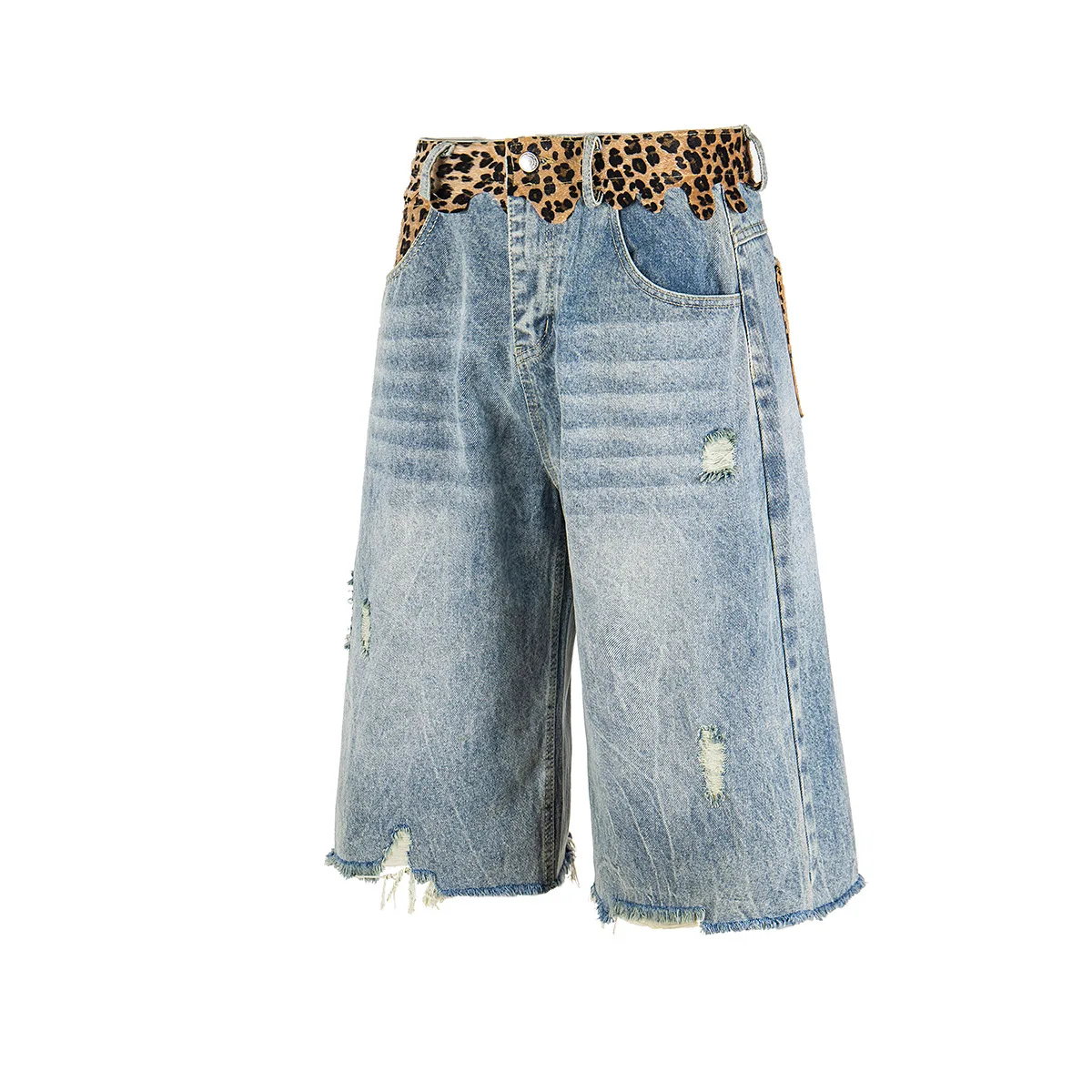 MWJLPWQ American Retro Tide Leopard Print Patchwork Washed Distressed Denim Shorts Loose Straight Mid-Length Wide-Leg Pant 20040