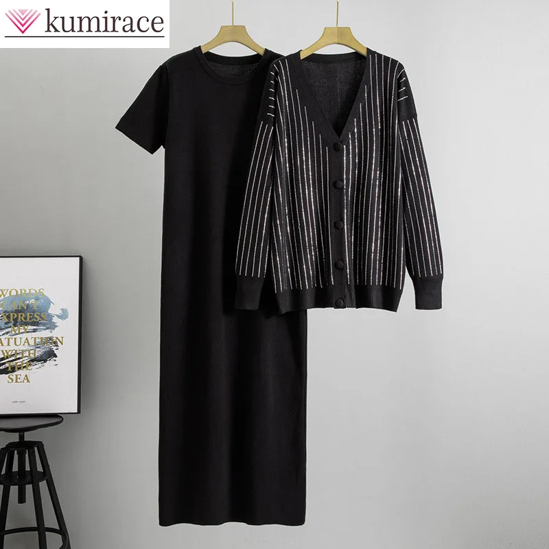 

Autumn and Winter Set Skirt Loose Dress Long Skirt Hot Diamond Knitted Cardigan Coat Casual Fashion Two Piece Set for Women