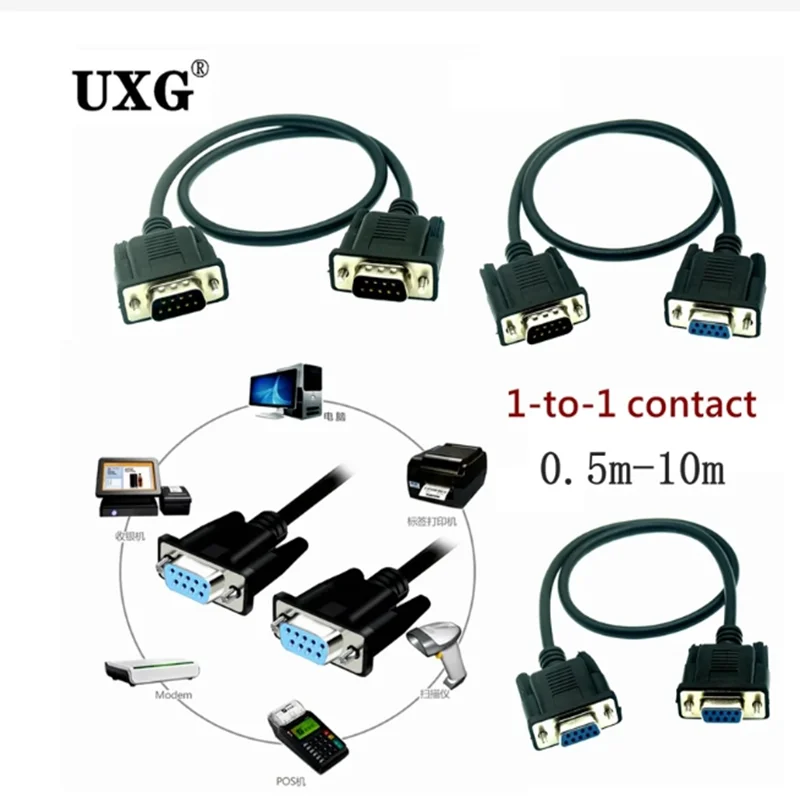 Serial rs232 9 pinos macho e fêmea para fêmea db9 9 pinos pc conversor extensão transferência estendendo fio para computador 50cm-5m cabo