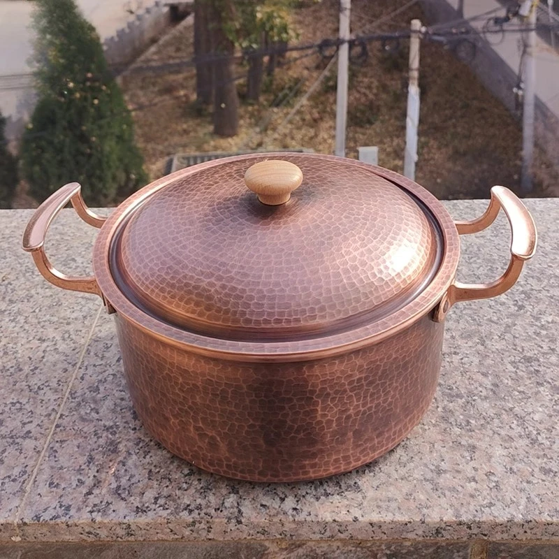 Hand-Forged Hammered Copper Cookware Multi-Purpose with Lid and Double-Loop Handles for Gas & Induction Hot Pot/Braising