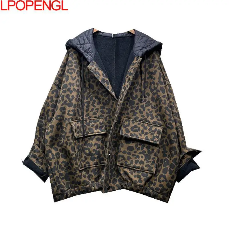 Thick Velvet Warm Jacket Women\'s 2024 Winter New Hooded Denim Leopard Print Loose Oversized Lamb Wool Jacket Women\'s Coats