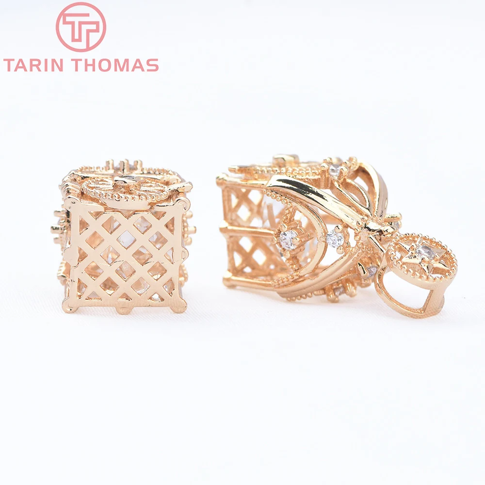 (8952) 4PCS 14x28MM 24K Gold Color Brass with Zircon Hollow out Birdcage Shaped Pendant High Quality Diy Jewelry Making Finding