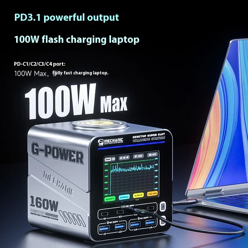 MECHANIC G-Power Nitride-Gallium Desktop Super Fast Charging Station – 160W Multi-Port Real-Time Power Display Wireless Charging