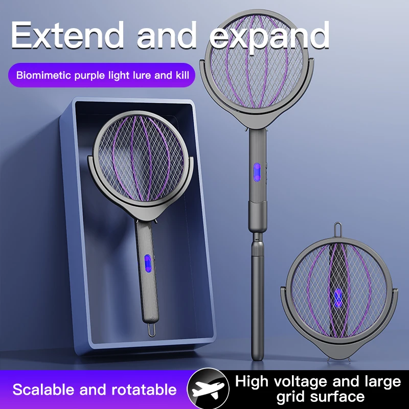 Electric Mosquito Swatter with Rotatable/Foldable/Variable Handle Length for Wall Mounted Mosquito Killing Without Blind Spots