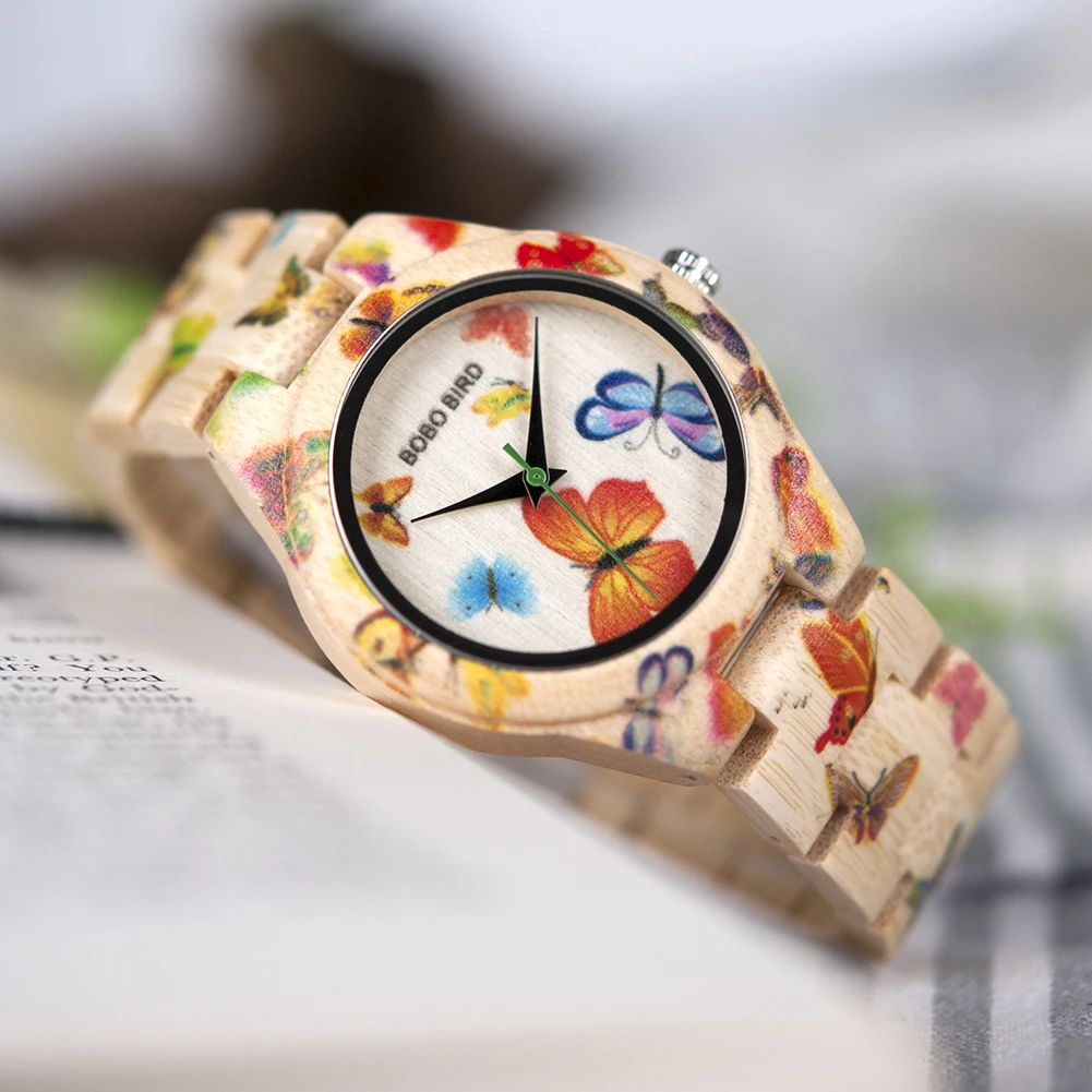 BOBO BIRD Wood Women Watches Luxury Engraved Handmade Ladies Quartz Wristwatch Wooden Pattern Printed Floral Casual Watch