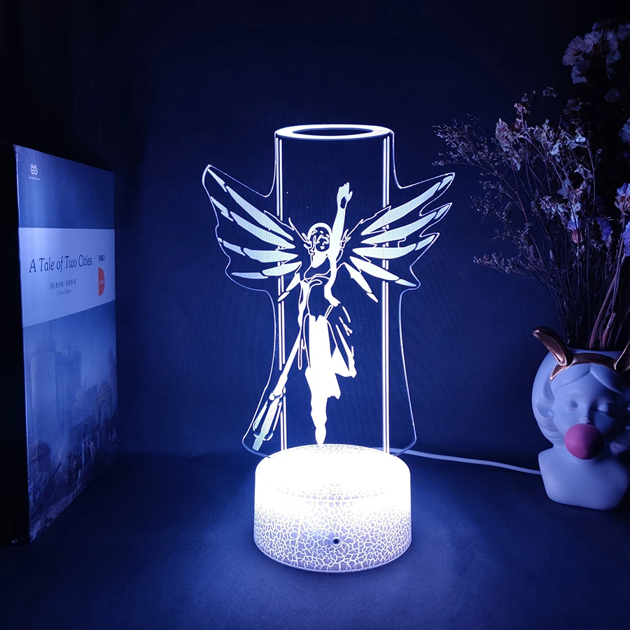 Lámpara 3D LED Anime Overwatch Mercy, lámpara de noche acrílica bonita, regalo, decoración de escritorio para habitación