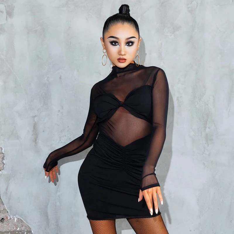 

New Sexy Latin Dance Dress Women Adult Mesh Long Sleeves Black Dress Rumba Performance Costume Salsa Club Dance Clothes BL19090