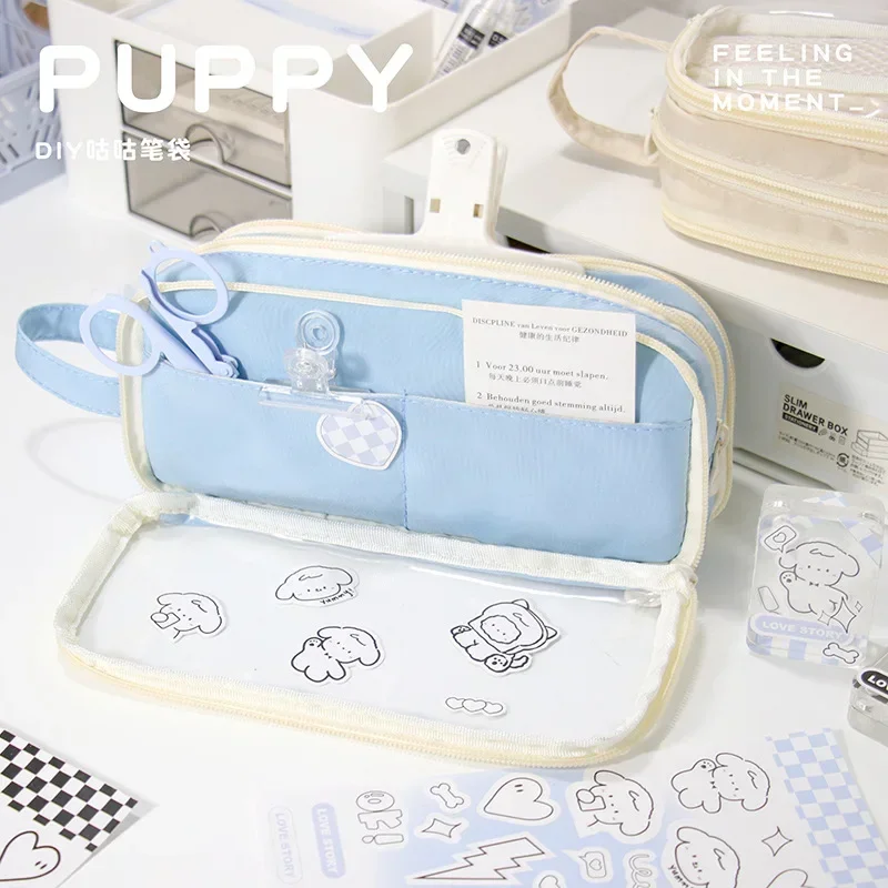 1 Piece Lovely Pencil Case Korean Fashion Solid Color Series Pencil Bag Transparent High Capacity Stationery Storage Bag Student