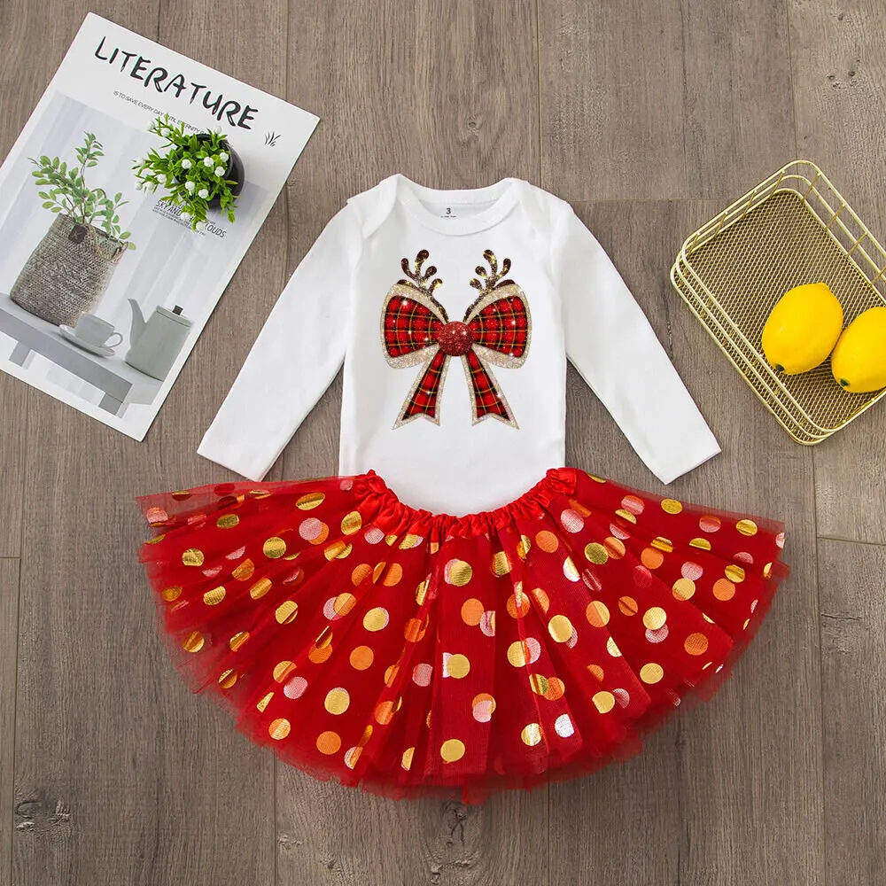 Christmas Vibes Bow Printed Baby Girls Bodysuit Tutu Set Christmas Party Girl Long Sleeve Romper Dress Infant Skirt Outfit 2 Pcs