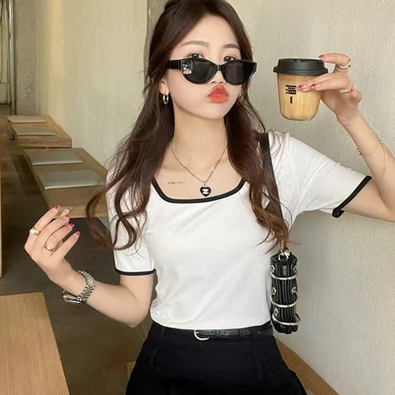 Elegant Mix Color Square Collar T Shirt Women Summer Korean Loose Short Sleeve Tshirts Woman All Match Ribbed T Shirts Female