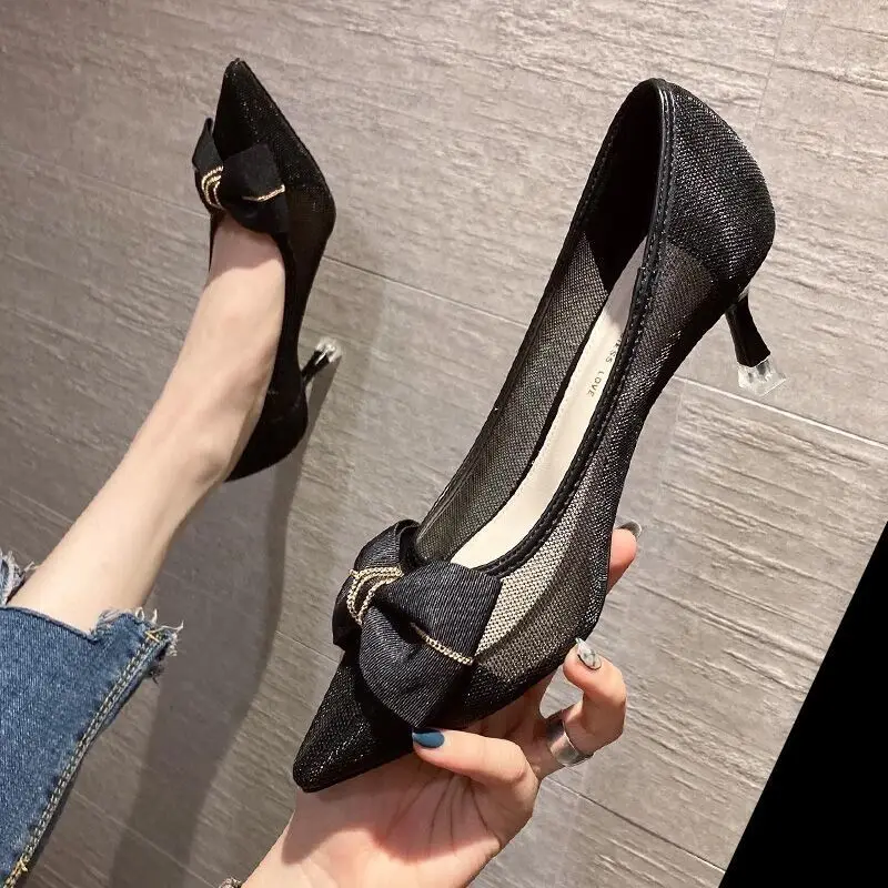 Shoes for Women Stripper with Bow Thin Heels Woman Pumps Pointed Toe Stylish Fashion Shoe Chic and Elegant L Korean Style Dress