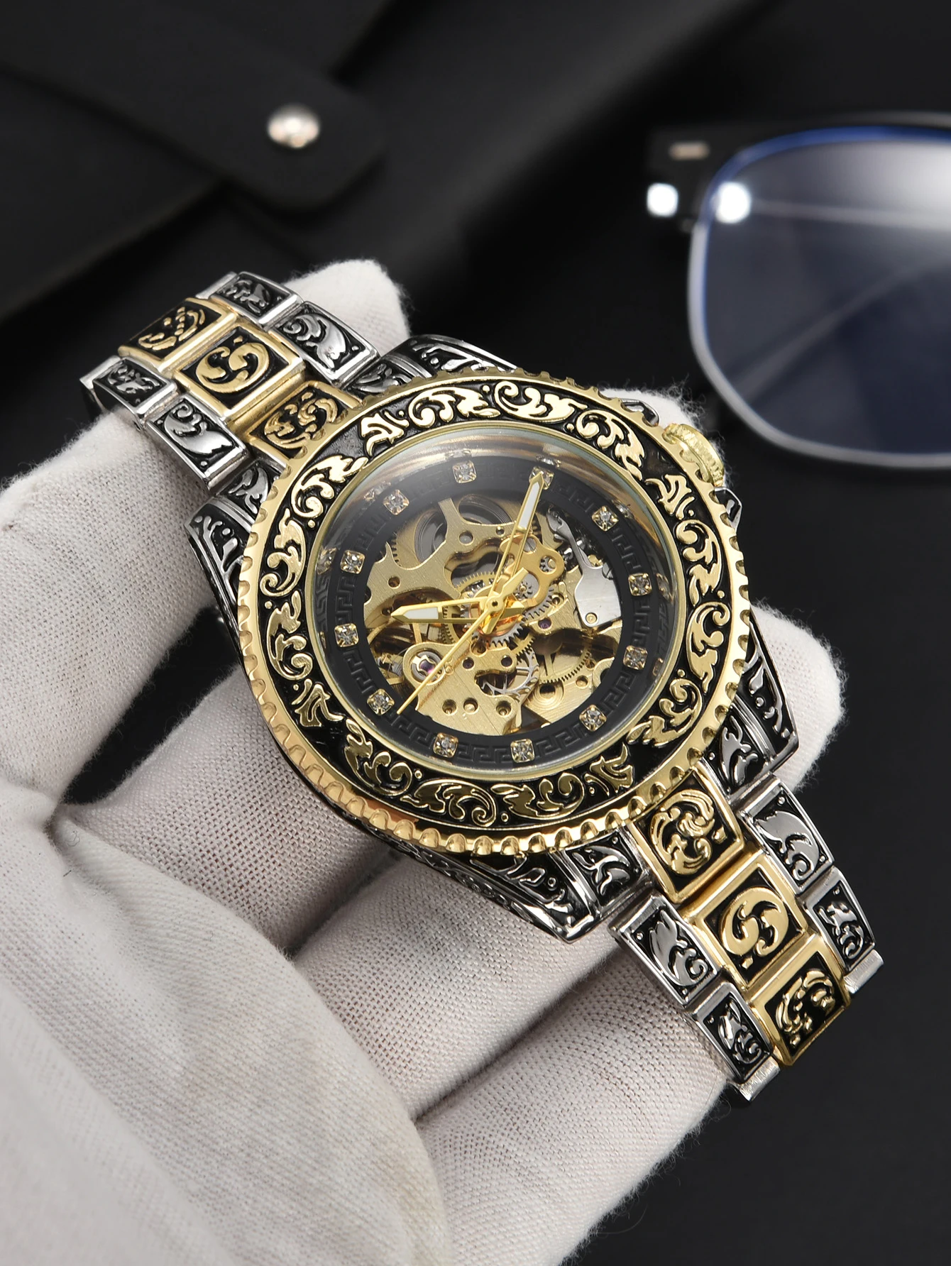 LONGLUX automatic watch luxury wholesale mechanical wristwatches stainless steel carve waterproof no logo mens watch men gift