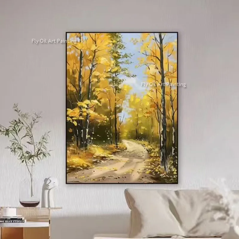 

100% Hand Painted Modern Abstract Woodland Scenery Yellow Forest Texture Thick Oil Painting Home Leisure And Wall Decoration