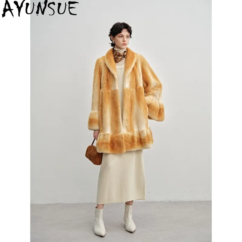 

AYUNSUE Muskrat Fur Coat Woman Luxury Mid-length Fur Jacket Winter Outerwears Stylish Fur Coats Woman Clothes Fourrures Femmes