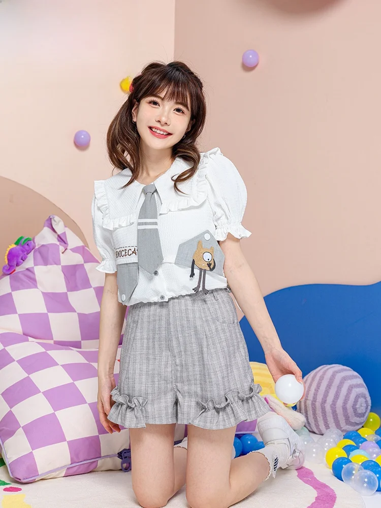 

Summer Short Sleeve Embroidered Letter Navy Collar Drawstring Shirt Pleated Hem Bubble Sleeve Sweet Style Polyester Casual Shirt