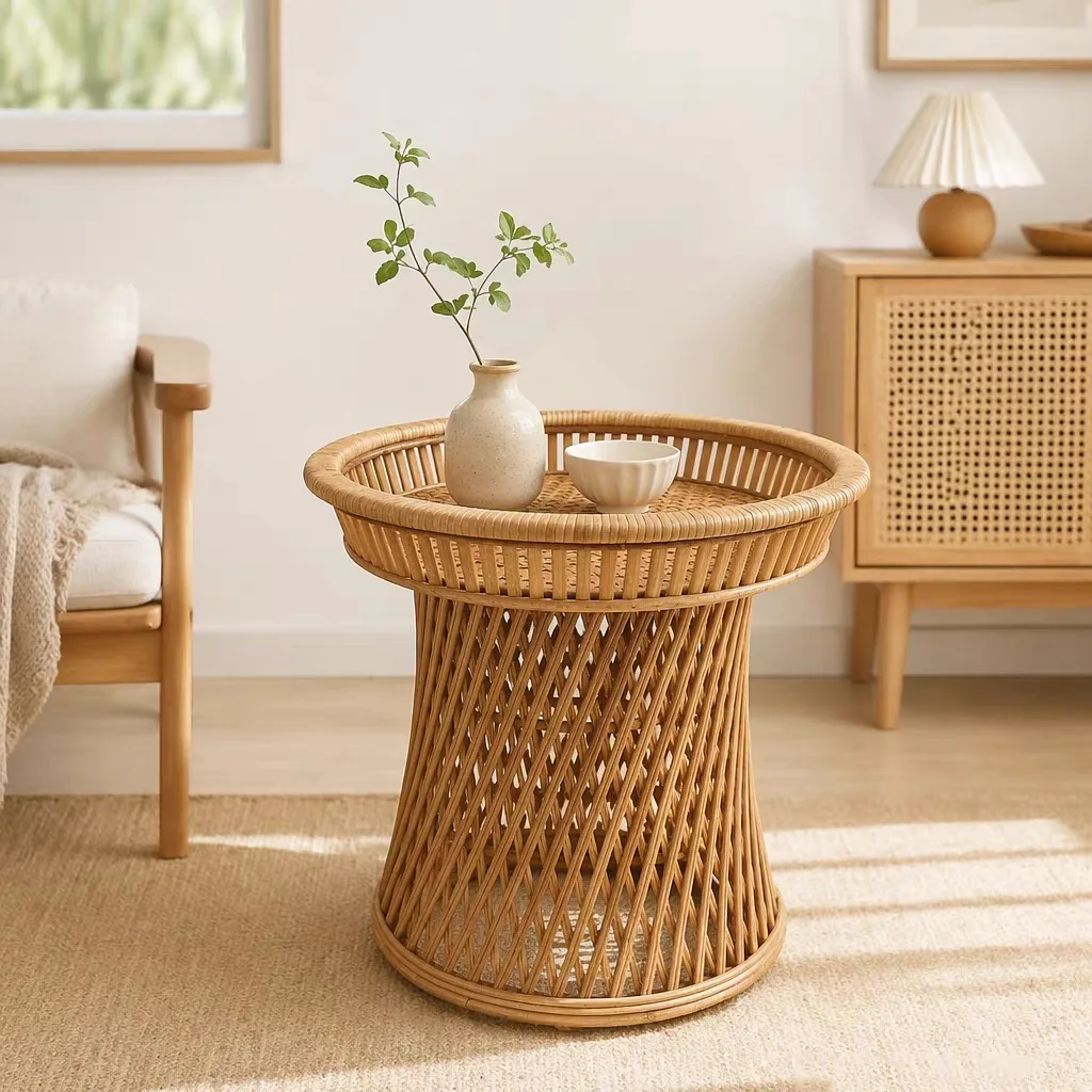 Handwoven Rattan Side Table Natural Wicker Accent Table Boho Round End Table Bedside Nightstand Plant Stand Home Decor