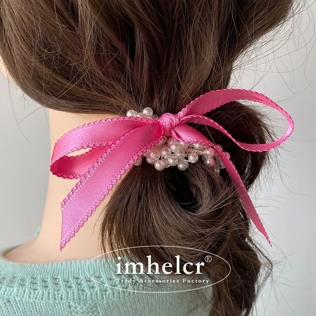 Barbie Pink Bow Pearl Hair Tie New Hair Rope Women's Group Style Foreign Head Rope Band