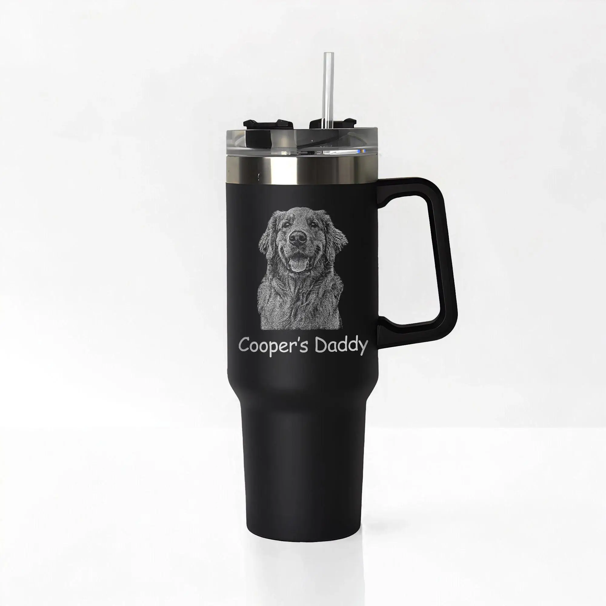 Custom Pet Photo Tumbler with Handle Straw Personalized Dog Picture Stainless Steel 40oz Insulated Travel Mug Gift for Pet Dad.