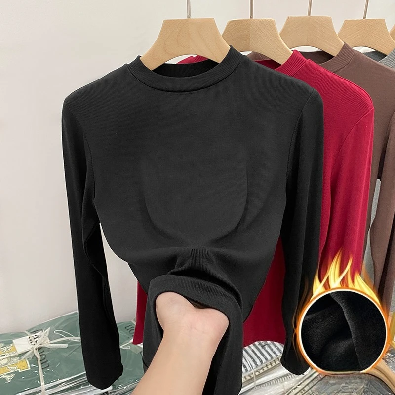 Autumn Winter Basic High Quality Cotton T-shirt Elegant Slim Fleece-lined Tops Women's Turtleneck Long Sleeve Thick T Shirts