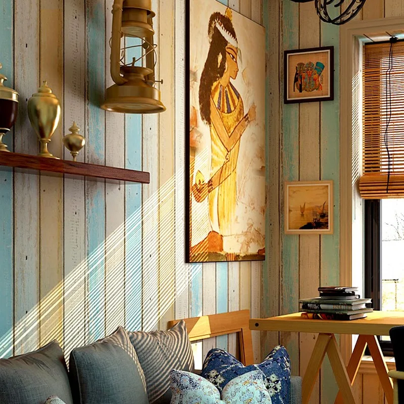 Non-woven Material Mediterranean Style Blue Vertical Stripe Wallpaper For Living Room TV Background Wall Imitation Wood Grain