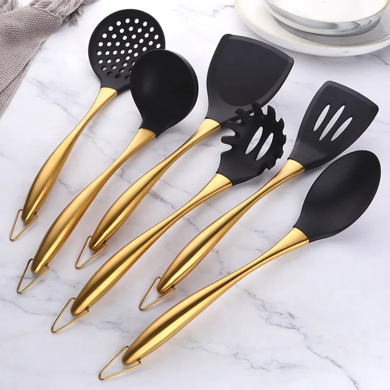 

Silicone Cooking Utensils Set with Stainless Steel Handle Non-Stick Spatula Colander Pasta Soup Spoon Frying Shovel Kitchenware