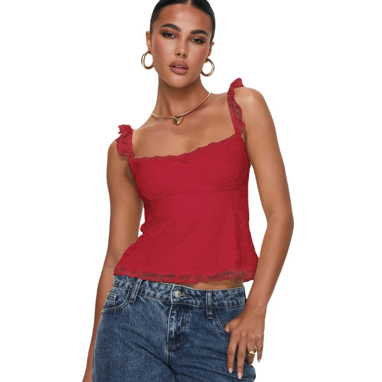 

New Y2K Faion Sexy Lace Patchwork Strap Vest Spring Summer Sle Women's Svel Top Slim Fit Sle by Mudoliy