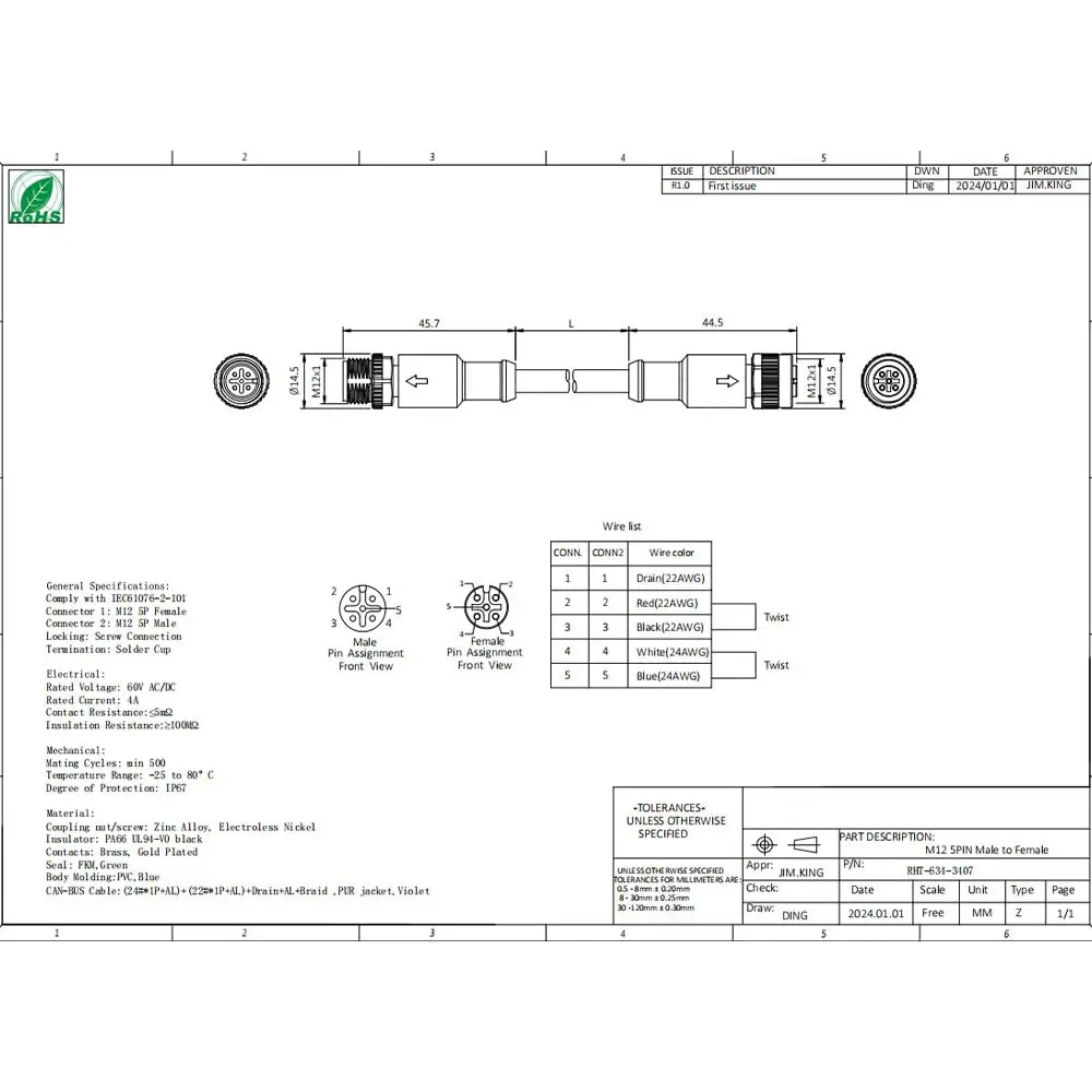 Marine NMEA 2000 Compatible Starter Kit 5 Piece Set with Drop Cable T Connector Terminator M12 5 Pin Waterproof Connectors 