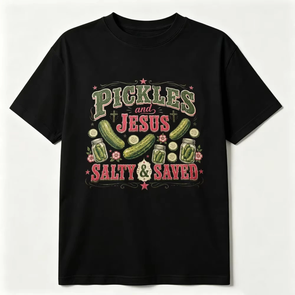 Vintage Ornate Pickles And Jesus Cross Graphic T Shirt Women Retro Jar Cucumber Print Cotton Tee Christian Faith Humor Tops